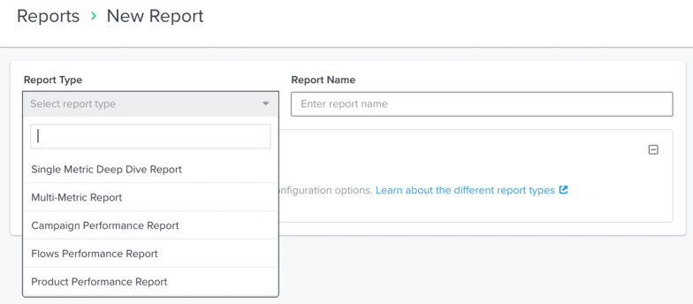 Inside a new Custom created report with option to choose type of report on left and ability to name on right