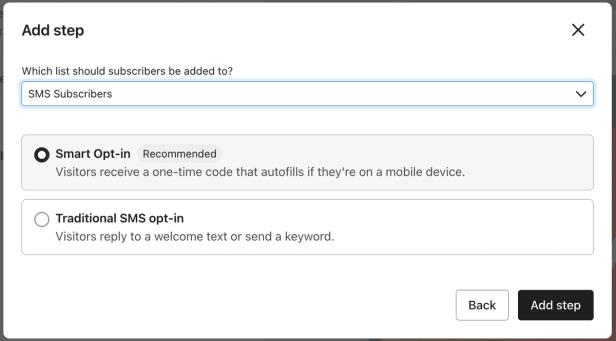 The second Add step modal showing the Smart Opt-in option selected and an example SMS Subscribers list chosen from the list dropdown.