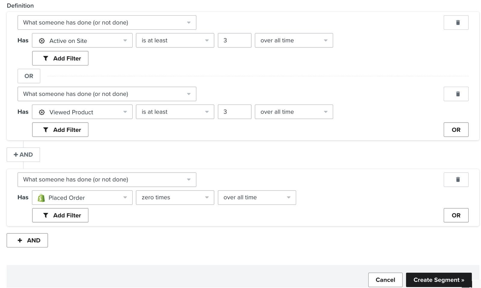 A new segment being created with the definition set to include those who have browsed more than 3 times and never purchased.