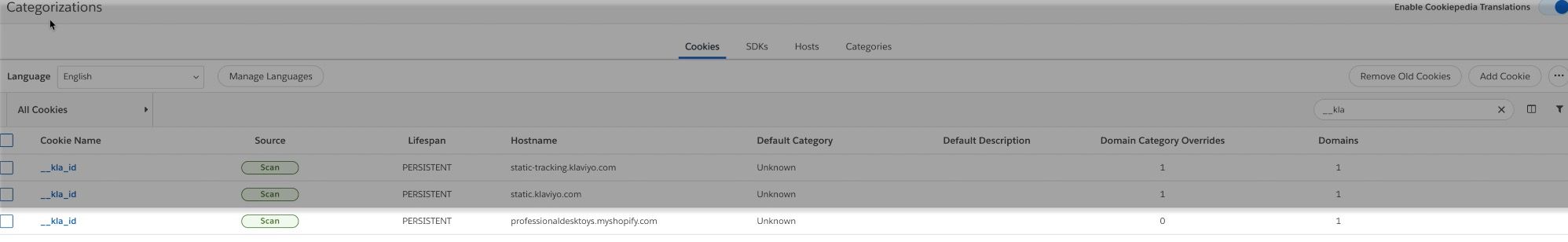 On the Categorization page, your __kla_id cookie highlighted in a list view