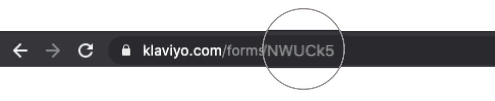 The URL for an example sign-up form in the form editor with the six digit code at the end highlighted to show the unique Form ID.
