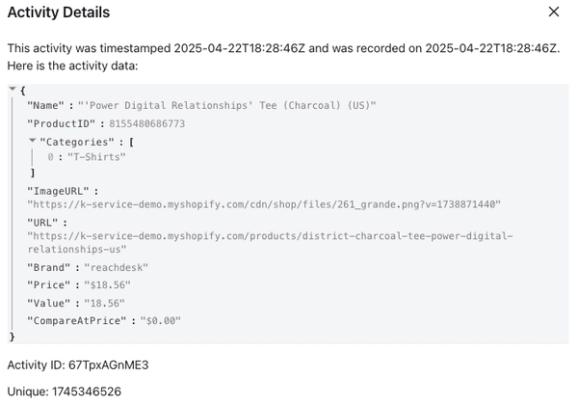 The expanded Activity details modal for an example event selected from the activity feed.