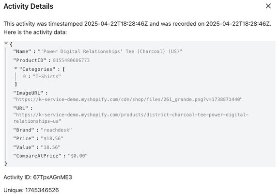 The expanded Activity details modal for an example event selected from the activity feed.