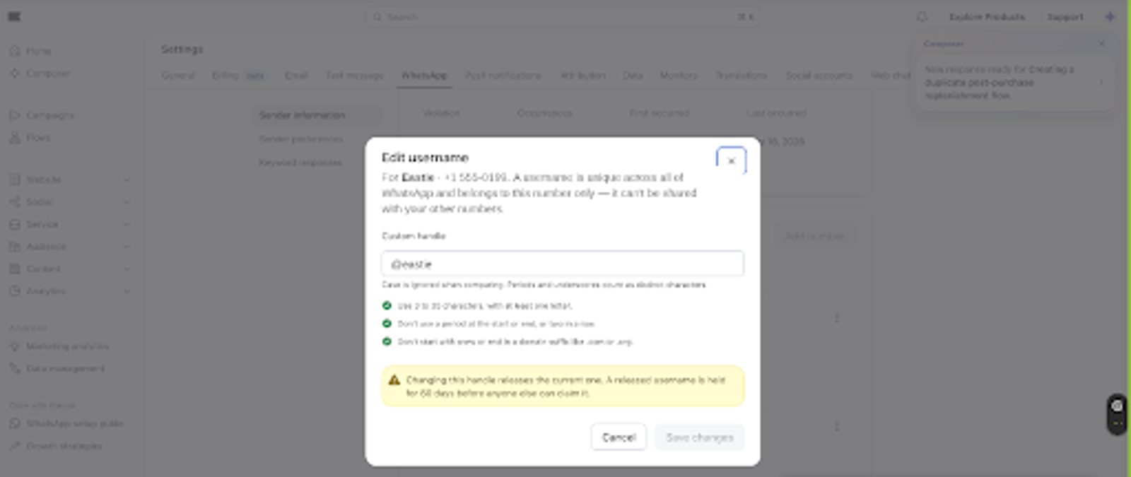 A pop-up window titled "Edit username" is open on a WhatsApp settings page, showing an input field with "@resize" and handle rules.