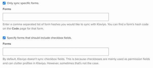 Wufoo integration settings page in Klaviyo showing checked settings Only sync specific forms and Specify forms that should include checkbox fields