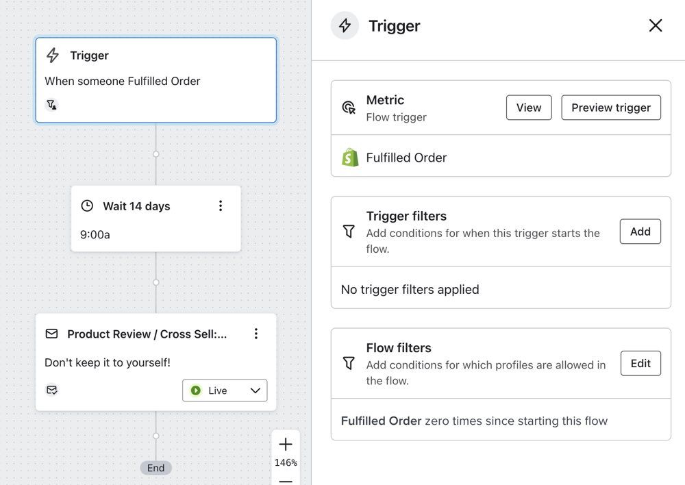 Flow trigger with trigger filter set to Only include people if they have Fulfilled Order zero times since starting this flow