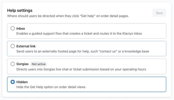 The Help settings  menu in Klaviyo showing the Hidden option selected.