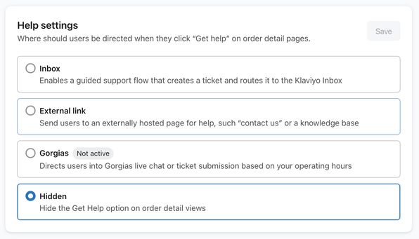 The Help settings  menu in Klaviyo showing the Hidden option selected.