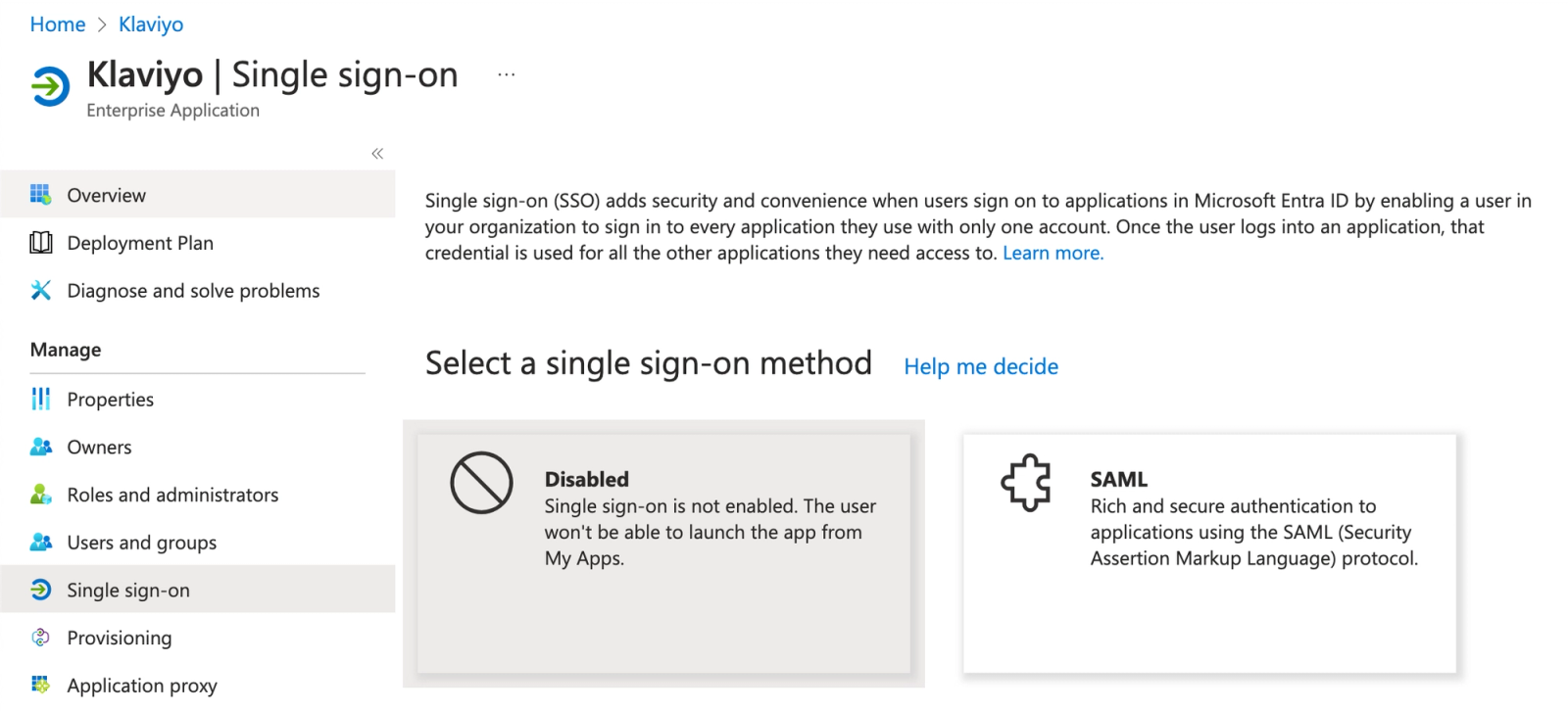 Single sign-on method page for an application, which defaults to disabled