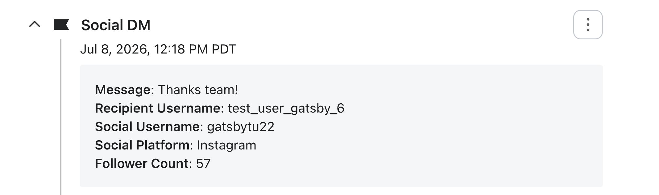 An Instagram direct message from user gatsbytu22 (57 followers) to test_user_gatsby_6, displaying the message 'Thanks team!'.