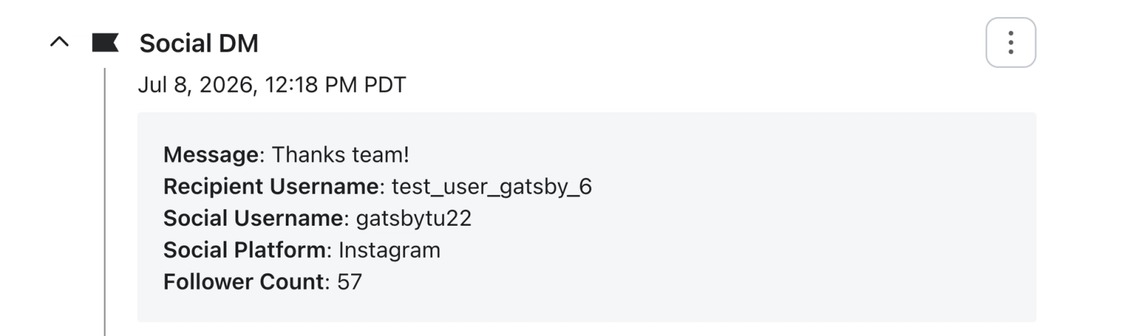 An Instagram direct message from user gatsbytu22 (57 followers) to test_user_gatsby_6, displaying the message 'Thanks team!'.