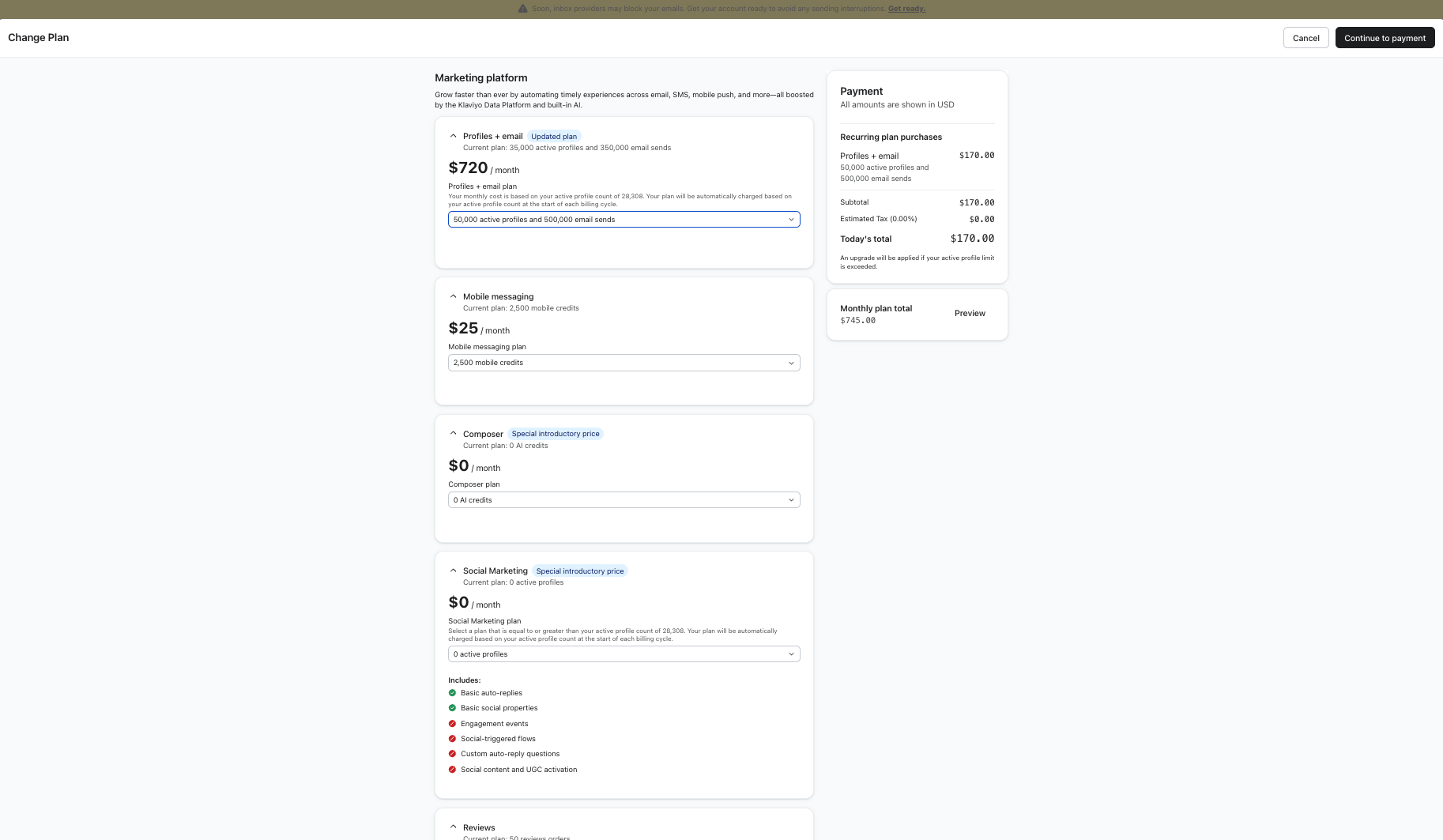 A screenshot of a "Change Plan" page showing pricing details for various marketing platform services and a $178.00 total payment summary.