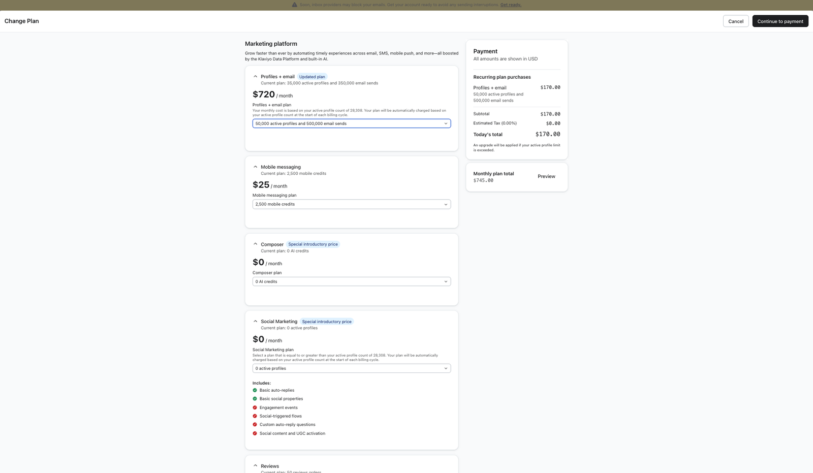 A screenshot of a "Change Plan" page showing pricing details for various marketing platform services and a $178.00 total payment summary.