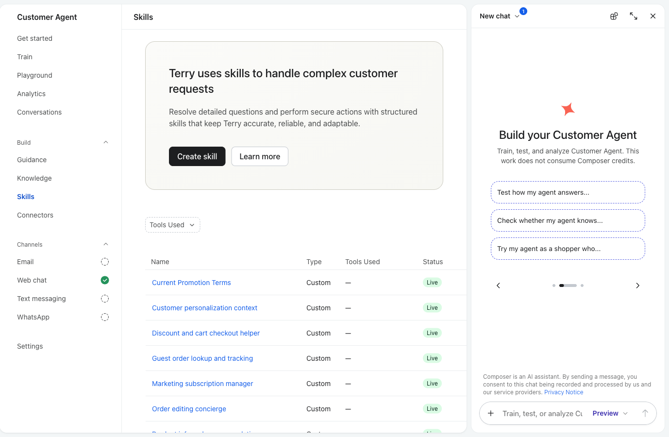 Customer Agent Skills page with the Composer panel open, showing the greeting Build your Customer Agent and starter prompts