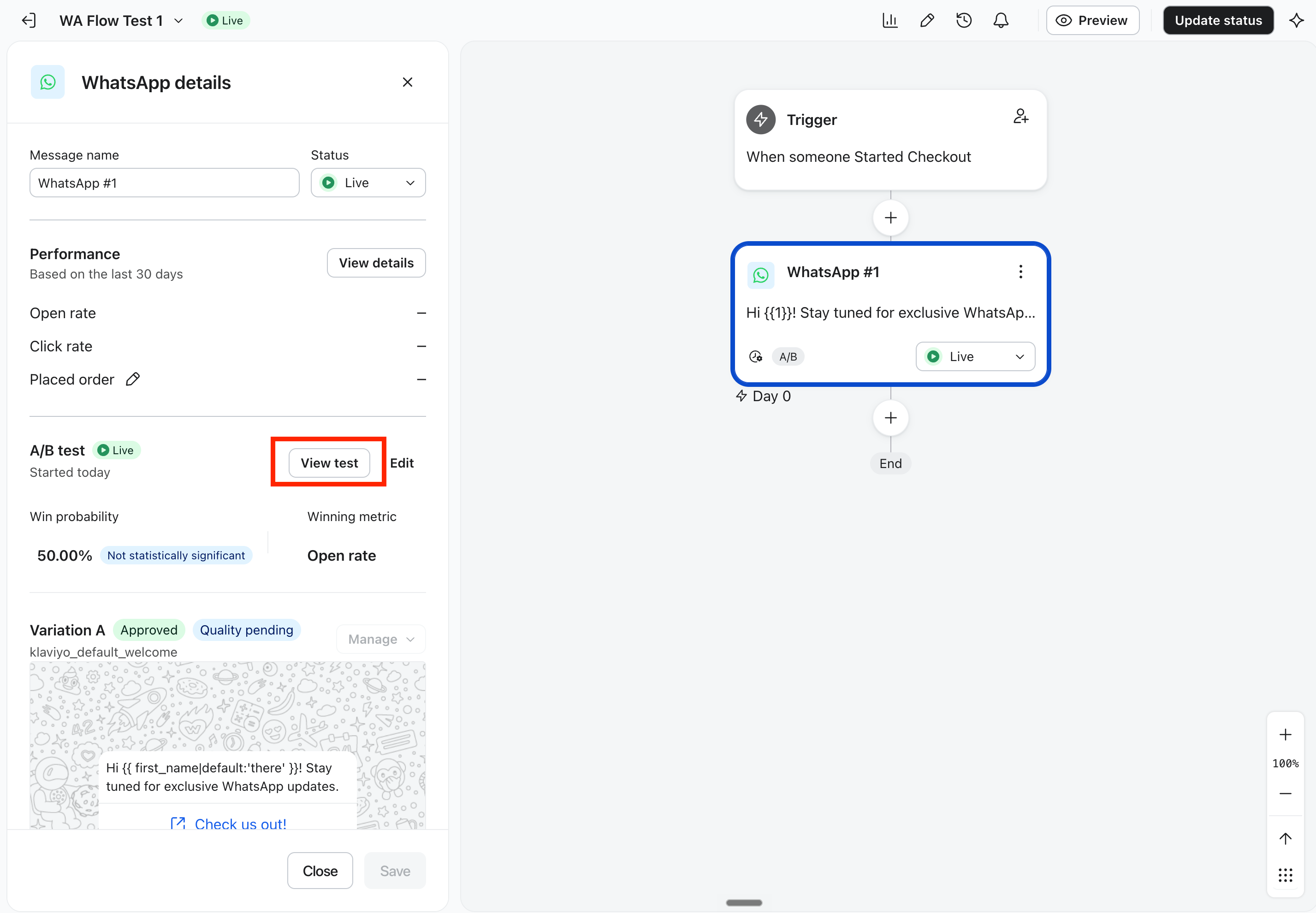 A software dashboard displaying WhatsApp flow details, including A/B test information with a 'View test' button and a flow diagram showing a WhatsApp message.