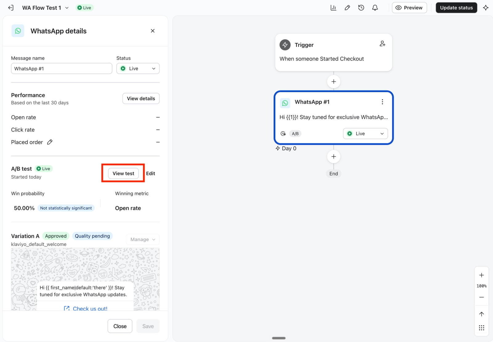 '테스트 보기' 버튼이 있는 A/B 테스트 정보와 WhatsApp 메시지를 표시하는 플로우 다이어그램을 포함한 WhatsApp 플로우 세부 정보를 표시하는 소프트웨어 대시보드입니다.