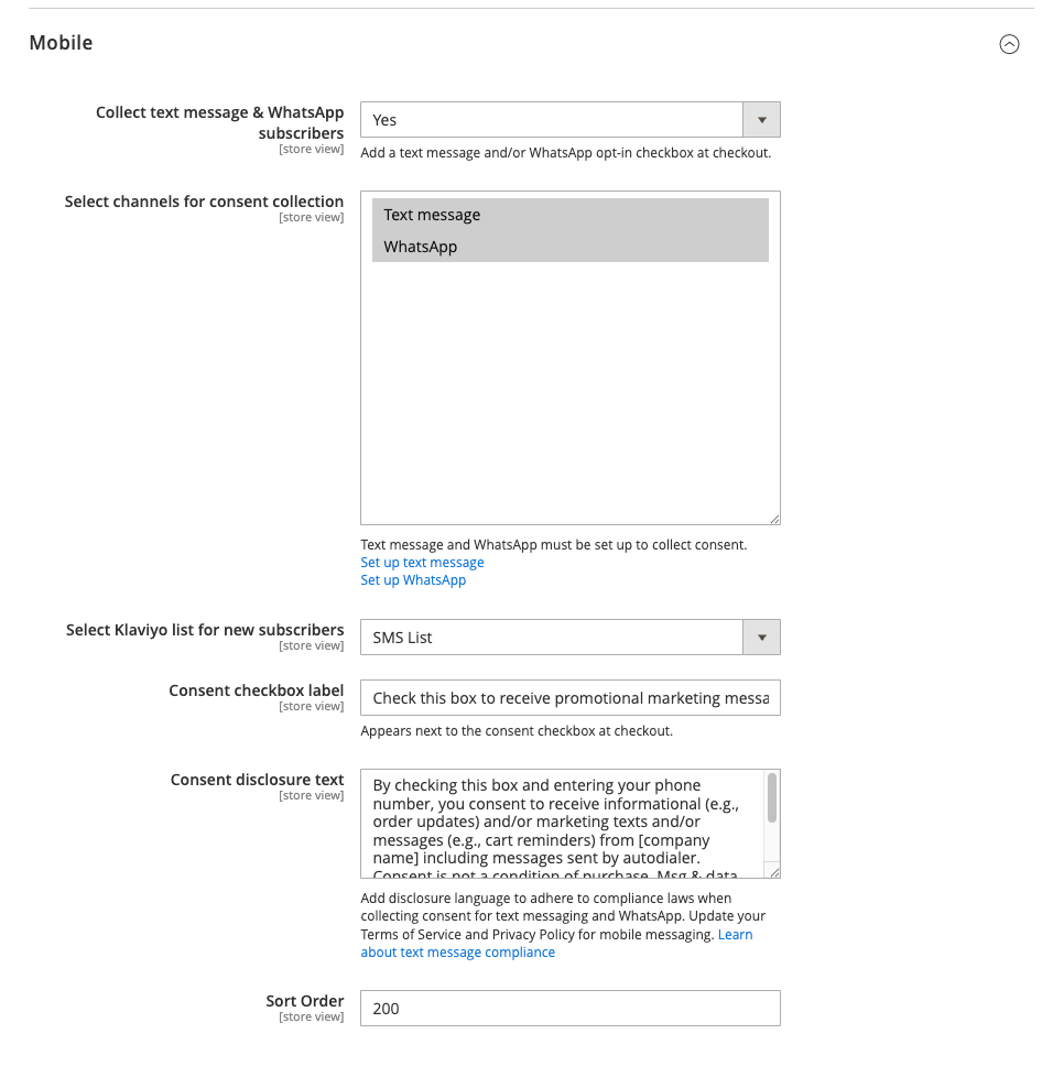 A mobile settings page for collecting consent for text messages and WhatsApp, with options for channels, subscriber lists, and consent text.