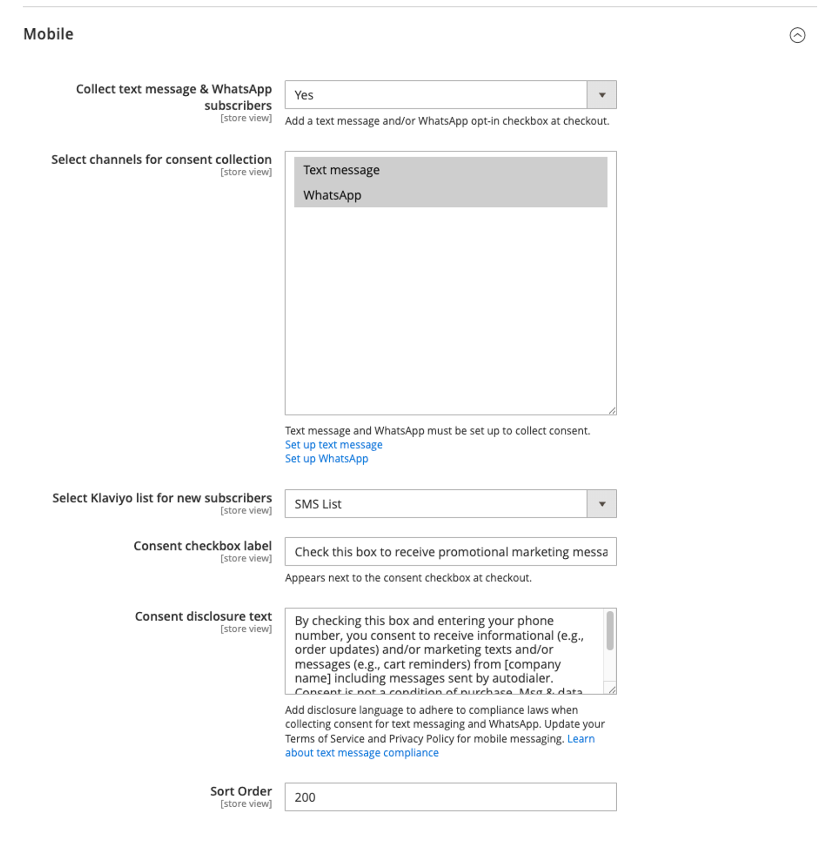 Een pagina met mobiele instellingen voor het verzamelen van toestemming voor tekstberichten en WhatsApp, met opties voor kanaal, abonneelijsten en toestemmingstekst.