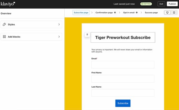 The editor for an example subscribe page where you can customize the page's styles and targeting and behavior settings.