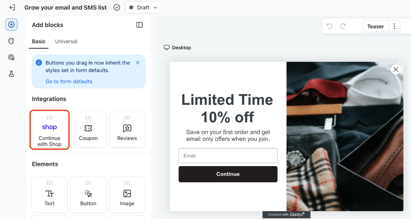The Add blocks panel in the sign-up form editor, with the Continue with Shop block highlighted under Integrations.