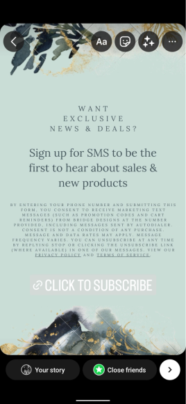 Example of an Instagram story with a click-to-text sticker for SMS signups