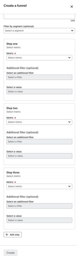 Settings menu that appears when clicking on Create funnel button