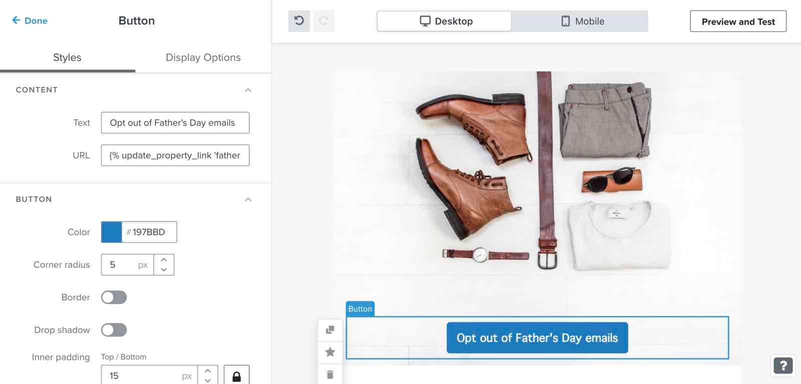 A Klaviyo email template with a Father's day opt out button