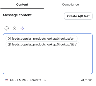 Message content editor showing dynamic tags for product URL and title, with a 'Create A/B test' button.