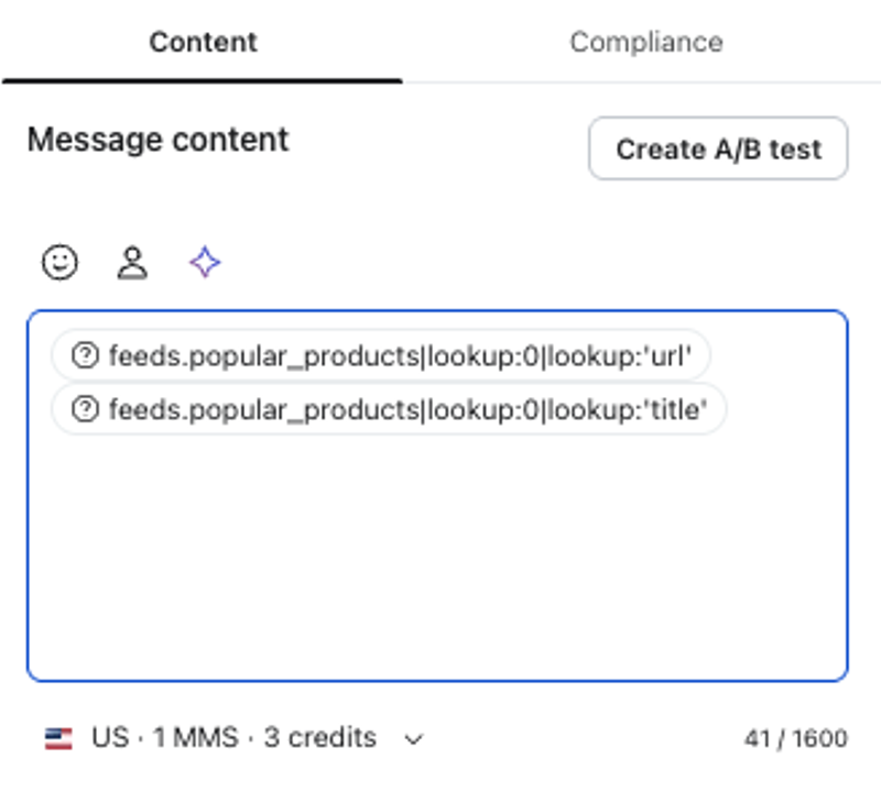 Message content editor showing dynamic tags for product URL and title, with a 'Create A/B test' button.