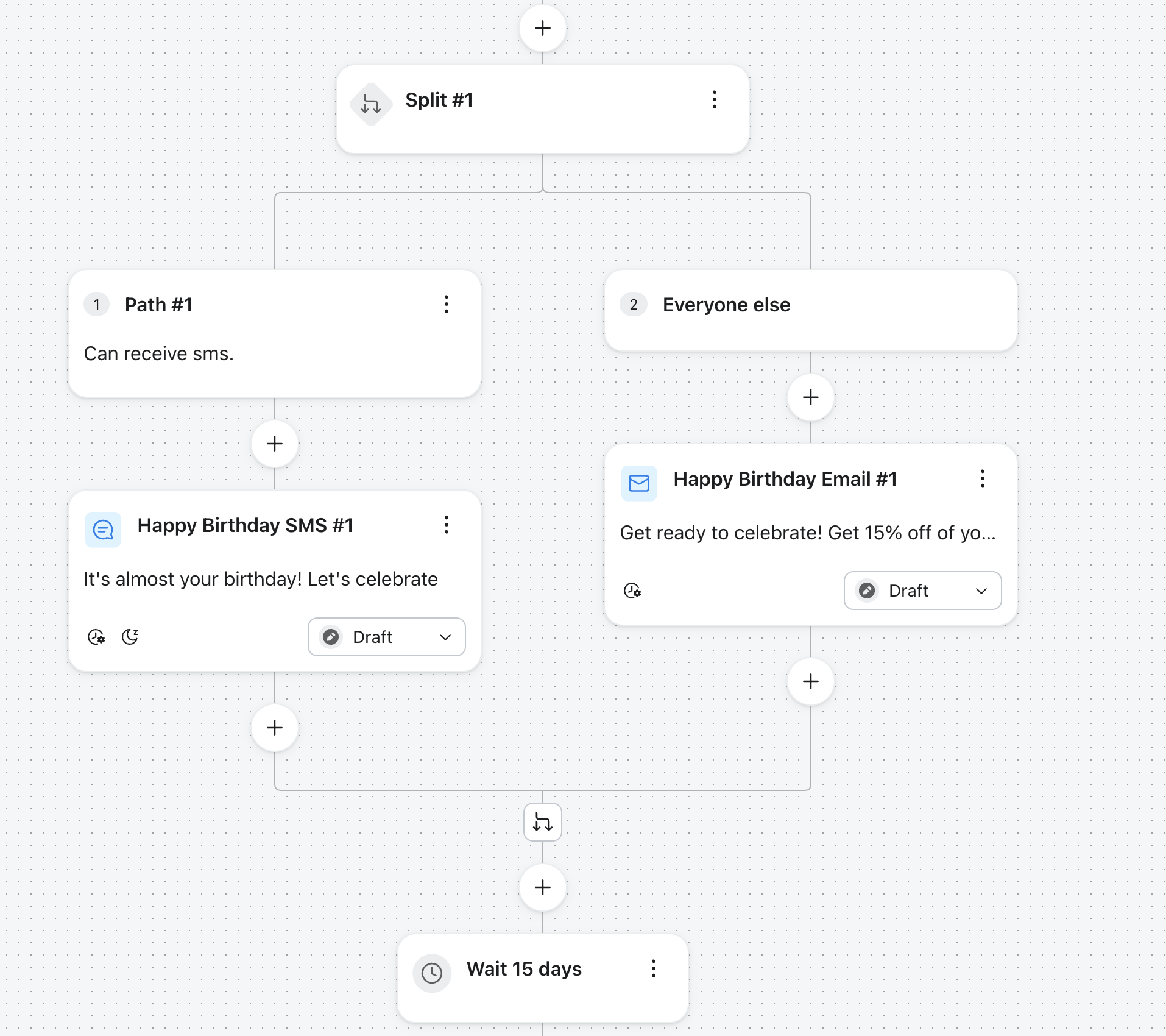 Birthday campaign workflow: users are split to receive either an SMS or an email, then the process waits 15 days.