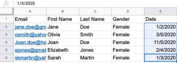 A set of data in Google Sheets with consistently formatted dates