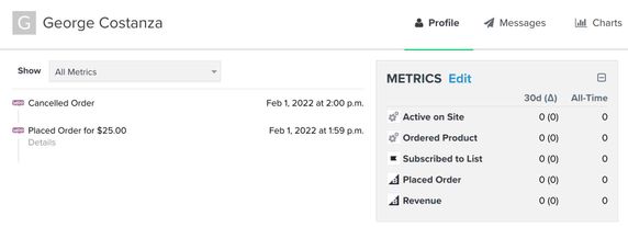 Profile for George Costanza showing cancelled order and placed order metrics