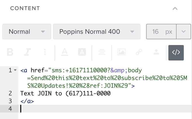 The code for a click to text banner in an email