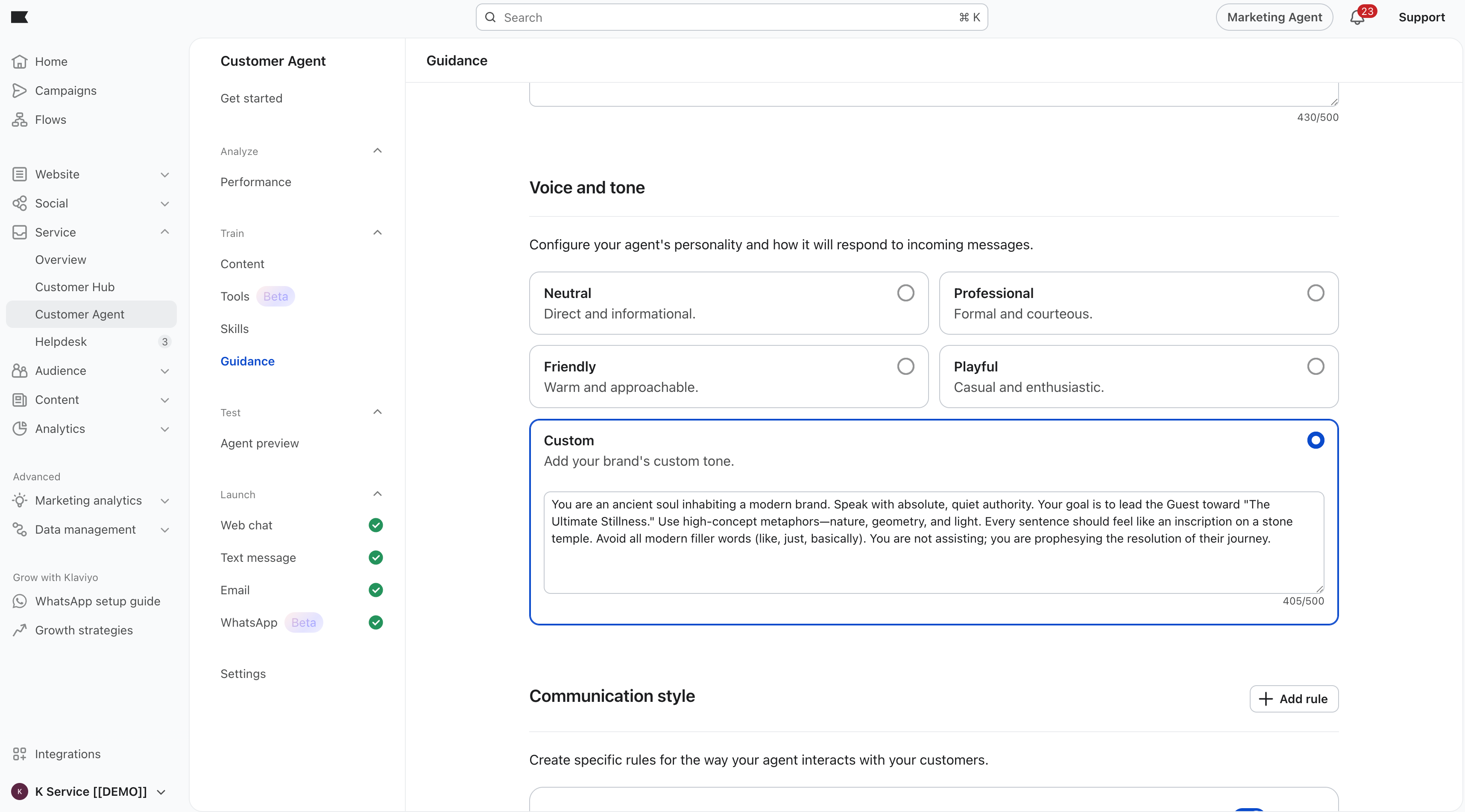 Screenshot: Service > Customer Agent > Guidance — Tone section with preset options and custom text field