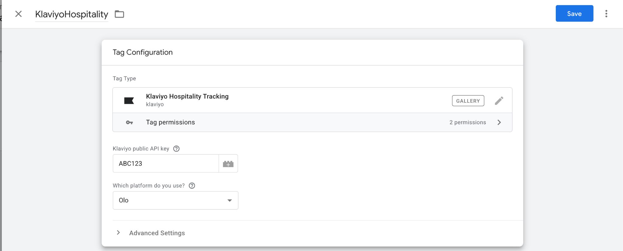 A screenshot of a "Tag Configuration" screen with "Klaviyo Hospitality Tracking" selected, showing fields for API key "ABC123" and platform "Olo", with a "Save" button visible.