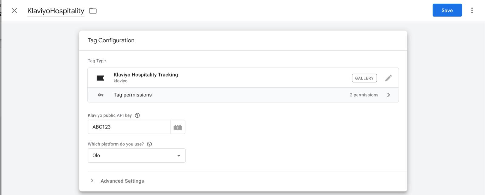 A screenshot of a "Tag Configuration" screen with "Klaviyo Hospitality Tracking" selected, showing fields for API key "ABC123" and platform "Olo", with a "Save" button visible.
