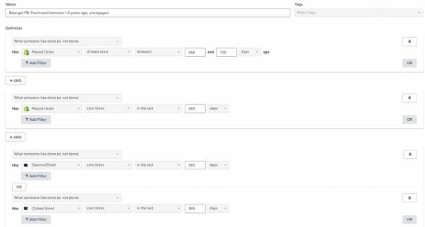 Sunset segment in Klaviyo segment builder