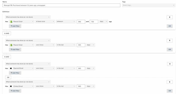 Sunset segment in Klaviyo segment builder
