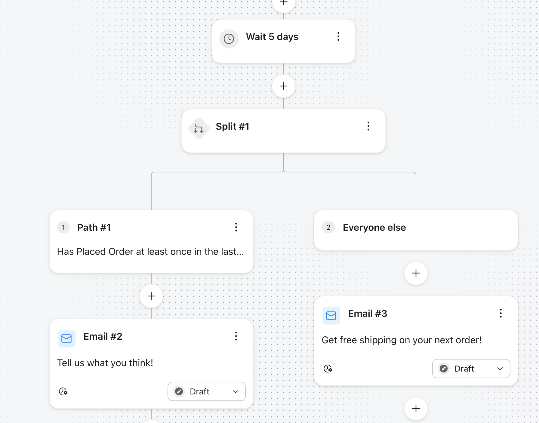 An automated workflow diagram with a 5-day wait, splitting customers based on purchase history to send different email campaigns.