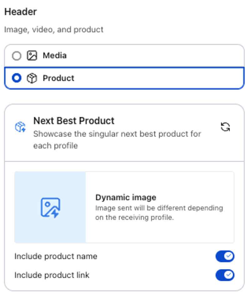 Product configuration UI with "Product" selected, showing "Next Best Product" and "Dynamic image" options, and enabled toggles for product name and link.