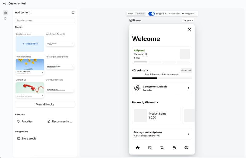 Customer Hub content editor with a mobile preview of a customer loyalty page.