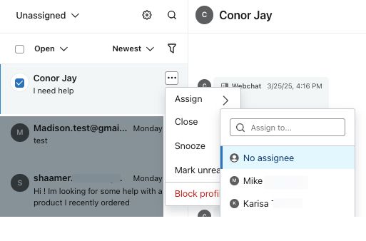 A ticket in the Klaviyio Inbox showing the Assign menu open and a user selected.