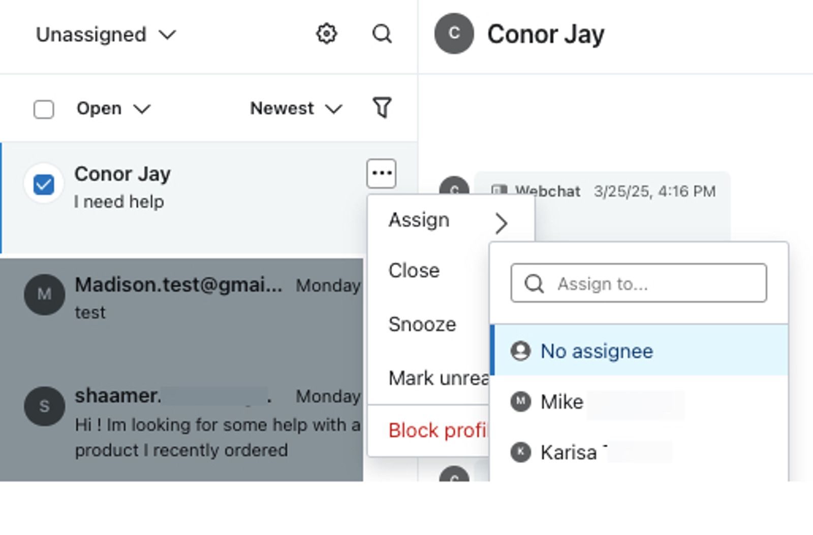 A ticket in the Klaviyio Inbox showing the Assign menu open and a user selected.