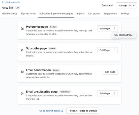 The Subscribe & preferences pages tab for an example list in Klaviyo showing the additional actions menu open on the preferences page.