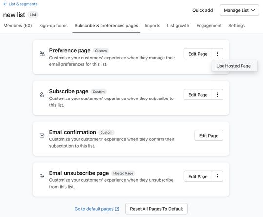 The Subscribe & preferences pages tab for an example list in Klaviyo showing the additional actions menu open on the preferences page.