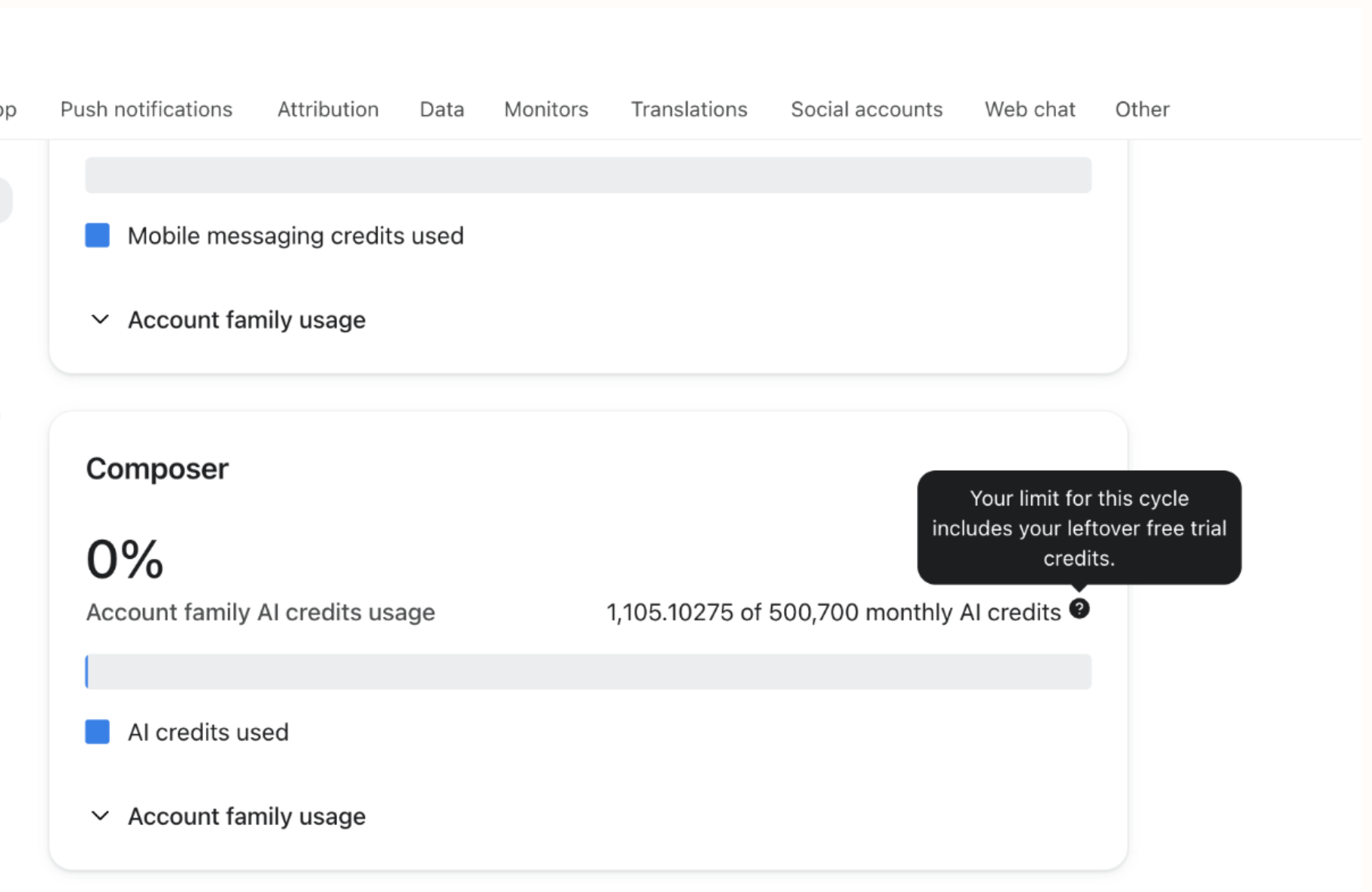 A user interface displaying AI credit usage showing 1,105.10275 of 500,700 monthly credits, with a tooltip about free trial credits.