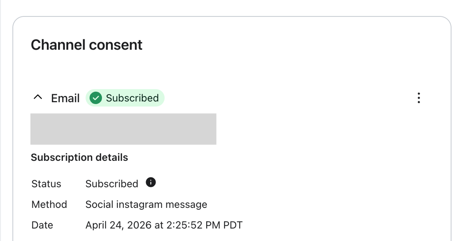 Channel consent screen showing email subscription details via Instagram message on April 24, 2026.