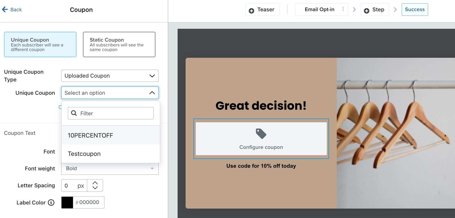The Unique Coupon dropdown in the sign-up form editor with the coupon you just uploaded selected as the coupon option