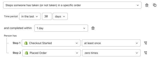 An example that shows how to create a funnel where customers started a checkout but did not make a purchase