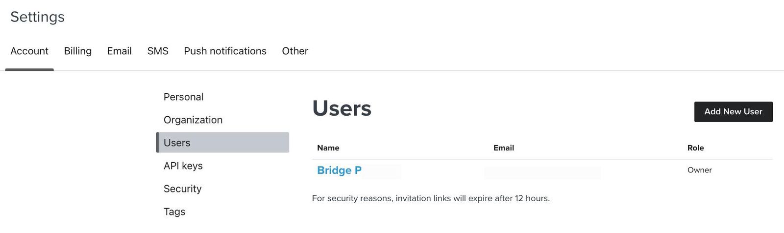 Users tab in account settings